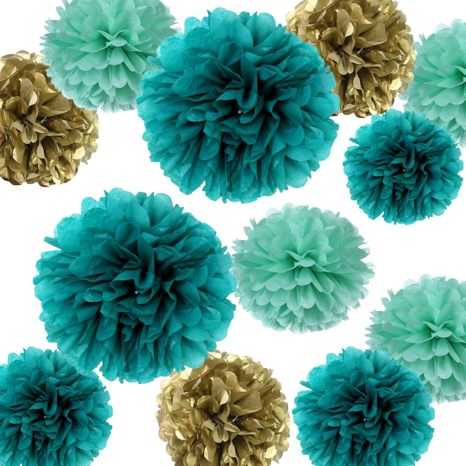 12Pcs Teal Turquoise Aqua Gold Party Paper Flowers Pom Poms For Backdrop Streamers Birthday Wedding Baby Bridal Shower Bachelorette Christmas Nursery Wall Hanging Décor