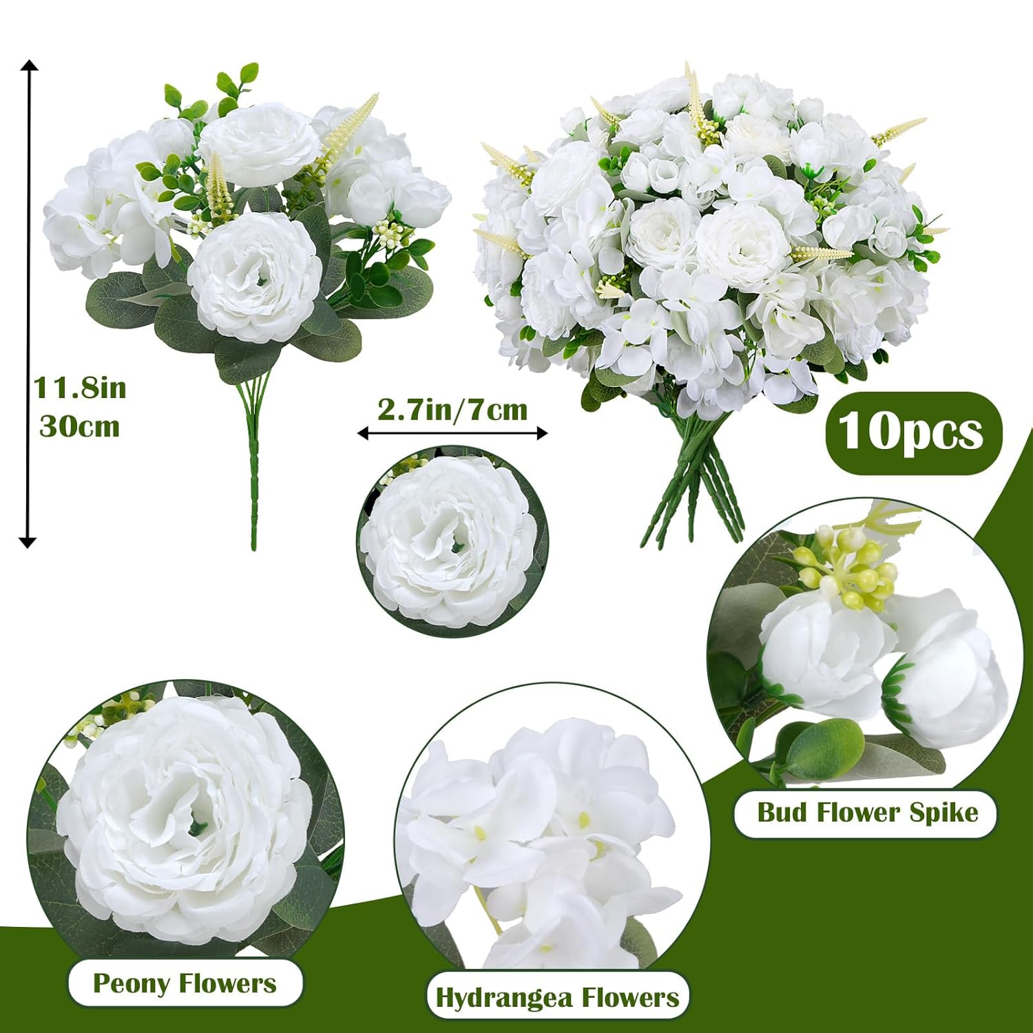 10 Bundles Artificial Peonies, White Hydrangea Artificial Flowers Silk Flowers For Indoor Home Decor Bedroom Kitchen Office Wedding Table Centerpieces