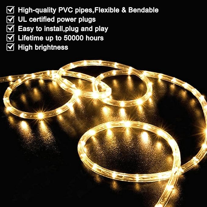 100FT Warm White LED Rope Lights Waterproof Cuttable Connectable Flexible Clear Tube Lights for Patio Garden