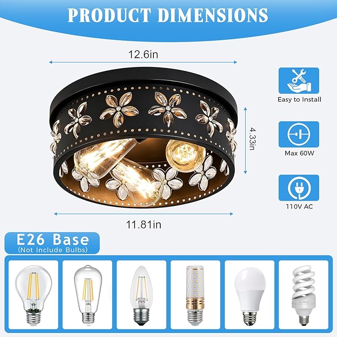 12.6 Inch Black Crystal Flush Mount Ceiling Light 3 Light Farmhouse Fixture