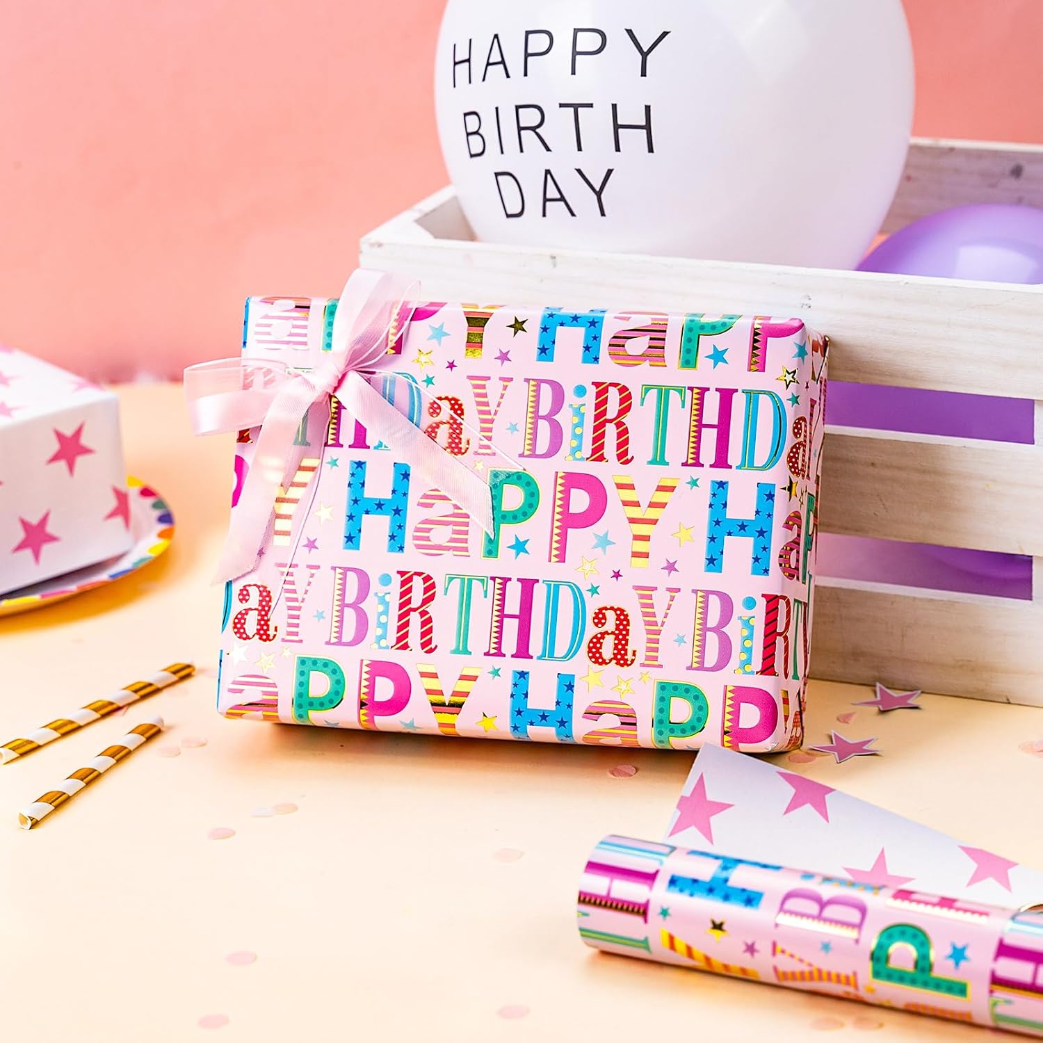 Pink Birthday Wrapping Paper Roll - Colorful Happy Birthday Letters With Metallic Foil Shine & Stars Reversible Gift Wrap For Girls Baby Shower, Party - Mini Roll - 17 Inch X 16.5 Feet