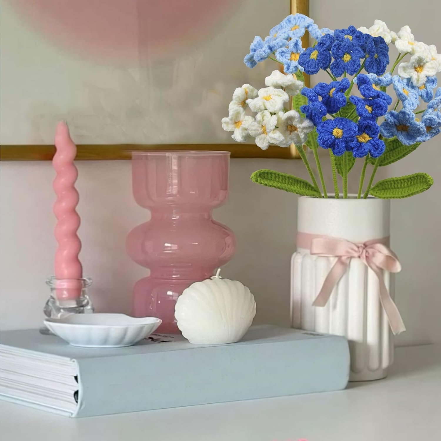 6 Pcs Crochet Flowers Bulk Forget Me Not Crochet Flower Gifts Blue Handmade Crocheted Flowers Bouquet Diy Home Decor For Mother'S Day Birthday Wedding Women Moms Wives Friends