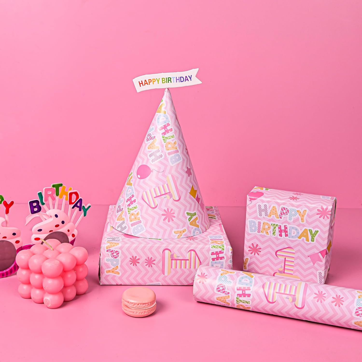1St Birthday Wrapping Paper Roll - Pink Happy Birthday With Balloon Gift Wrap Sheets For Kids Girls Baby Shower Party Decoration Celebration Total 28.5Sq.Ft