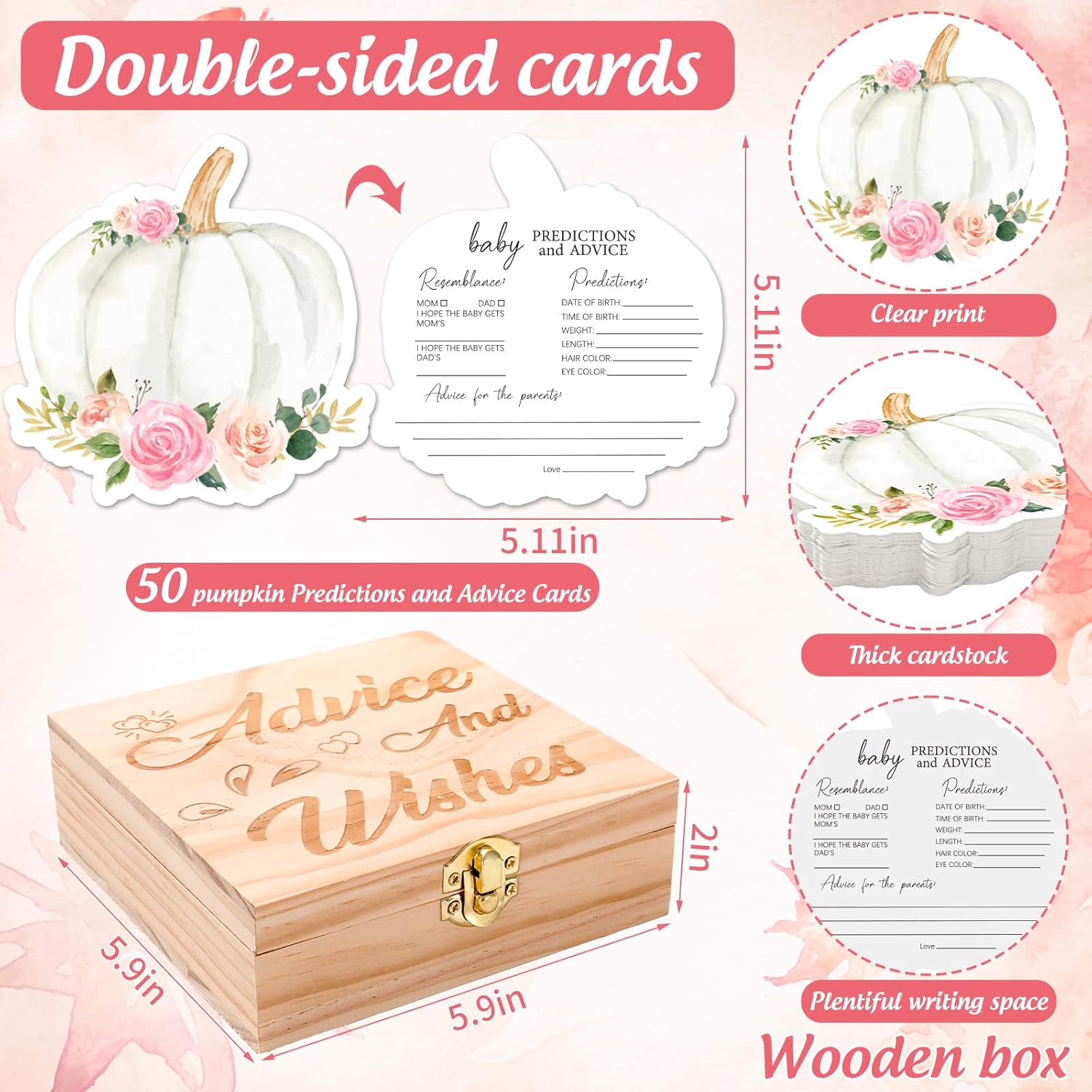 50Pcs Fall Baby Shower Advice & Wishes Double-Sided Floral Pumpkin Baby Predictions And Advice Cards With Wooden Keepsake Box For Autumn Thanksgiving Gender Reveal Party Games