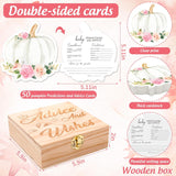 50Pcs Fall Baby Shower Advice & Wishes Double-Sided Floral Pumpkin Baby Predictions And Advice Cards With Wooden Keepsake Box For Autumn Thanksgiving Gender Reveal Party Games