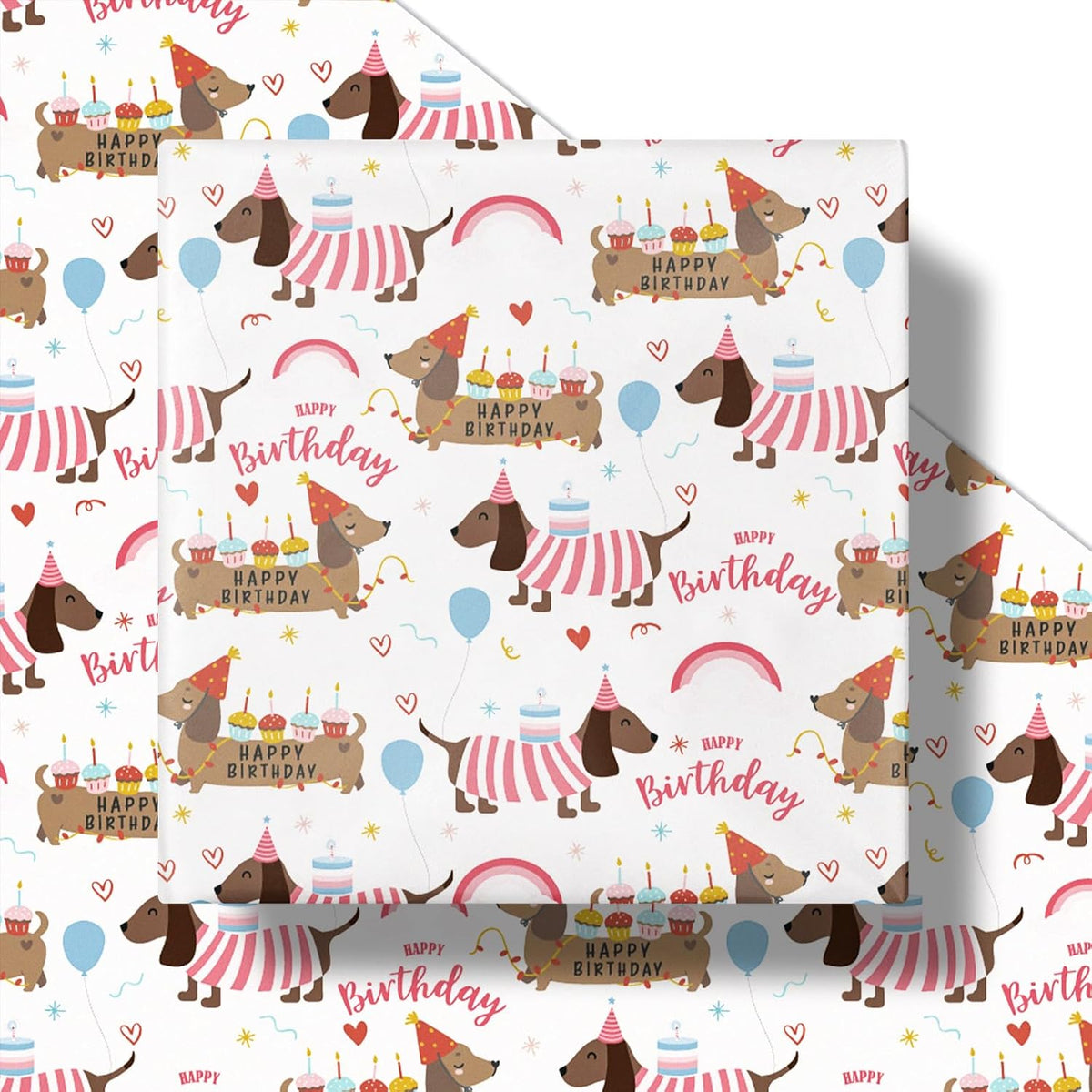 Dog Birthday Wrapping Paper Roll For Girls, Mini Roll, Pink Dachshund With Cake, Balloon And Happy Birthday Text Design Gift Wrap For Kids, Pet Lovers, Puppy Party, 17 Inches X 16.4 Feet