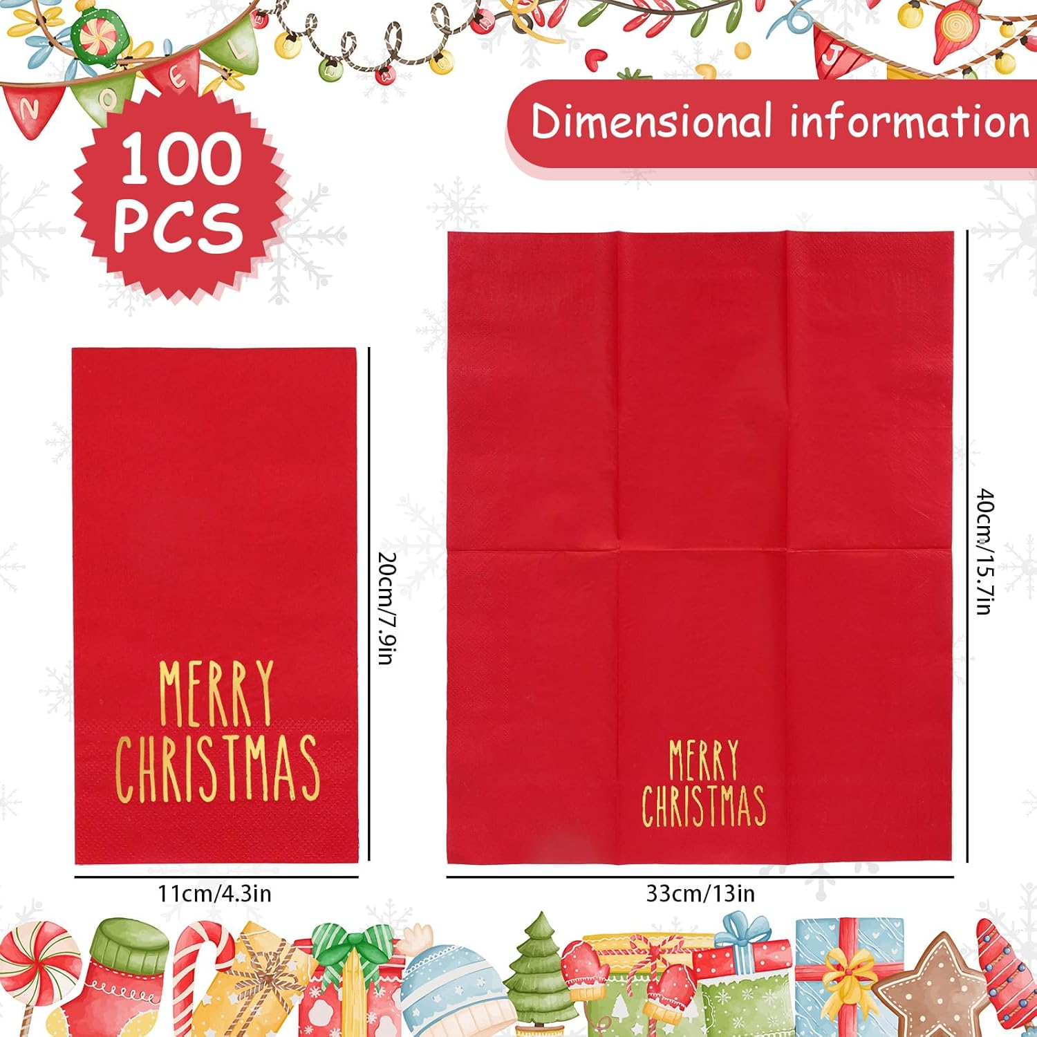 100Pcs Merry Christmas Guest Napkin Gold Foil Xmas Red Paper Napkin Disposable Dinner Hand Towel Napkin For Party Supplies Table Decor