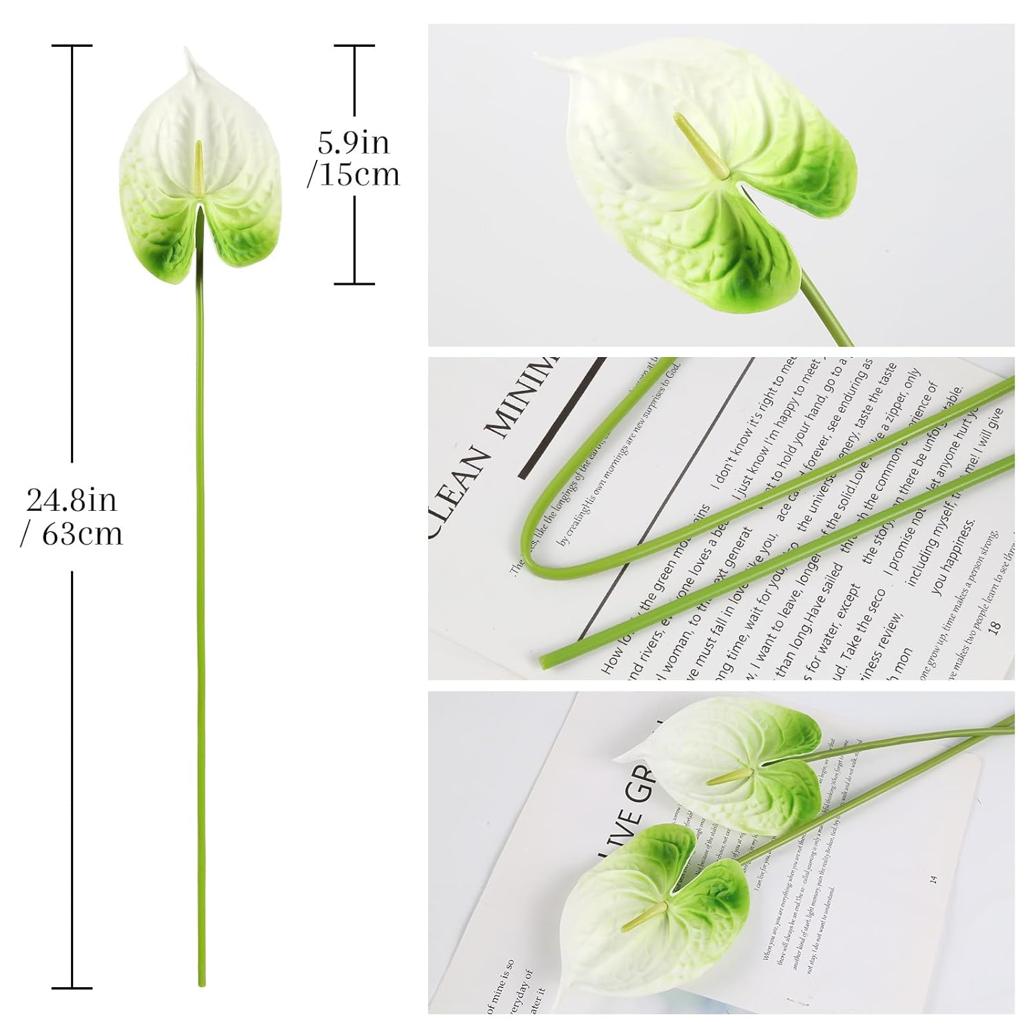 8Pcs Artificial Anthurium Flowers 24.8’’ Pu Real Touch Tropical Flowers Faux Anthurium Flowers With Long Stems For Wedding Bouquet Home Party Outdoor Decor(White&Green)