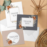 Indie Autumn Floral Thank You Cards / 24 Gratitude Cards With White Envelopes / 6 Boho Feather And Leave Appreciation Designs / 3 1/2" X 4 7/8" Orange Grey Bridal Shower Thanks Note Cards