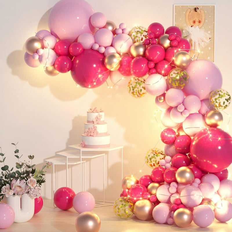 Pink Rose Gold Balloon Garland Arch Kit With Lights,Hot Pink Rose Gold