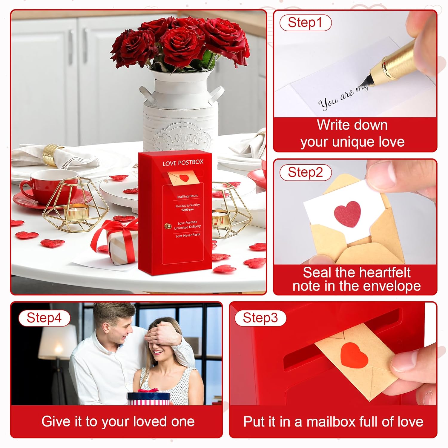 Romantic Love Postbox Acrylic Diy Red Love Notes Box With 50 Blank Love Notes With Envelopes & Cute Glitter Heart Stickers Roll I Love You Gift For Her Long Distance Couple Valentine'S Day Anniversary