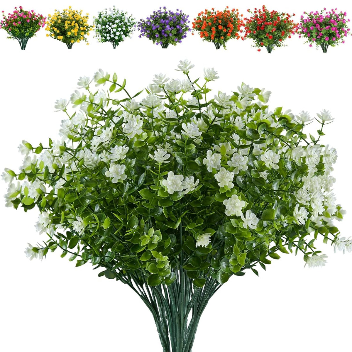 8 Bundles Artificial Flowers Fake Boxwood Shrubs Uv Resistant No Fade Faux Greenery Plastic Lotus For Home Garden Hanging Planter Indoor Outdoor Porch Patio Office Wedding Decoration(Off-White)