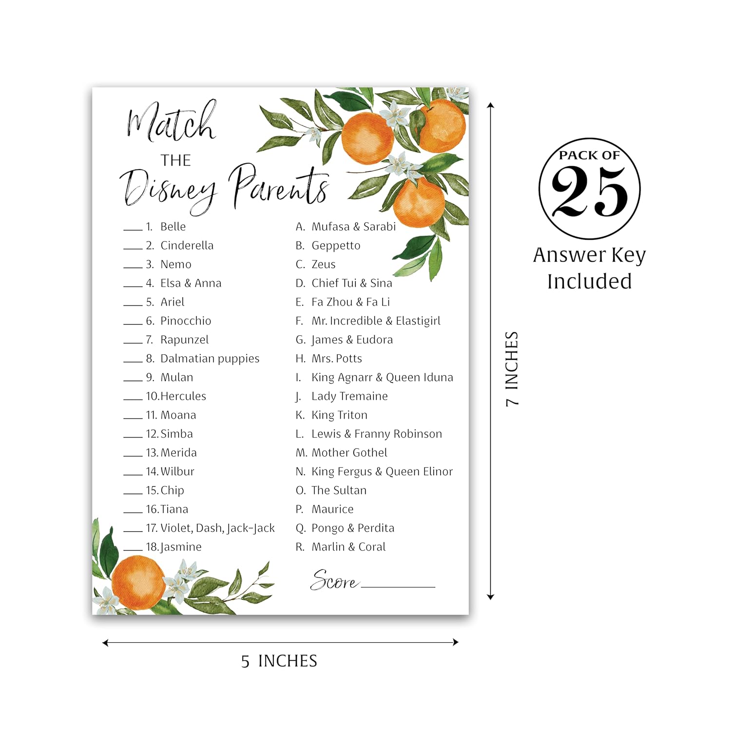 A Little Cutie Theme Match Cartoon Parents Baby Shower Games — Pack Of 25 — Citrus Orange Baby Shower Game, Match Famous Cartoon Parents Fun Co-Ed Shower Activity, Star Kids Match Game G350-Dpm