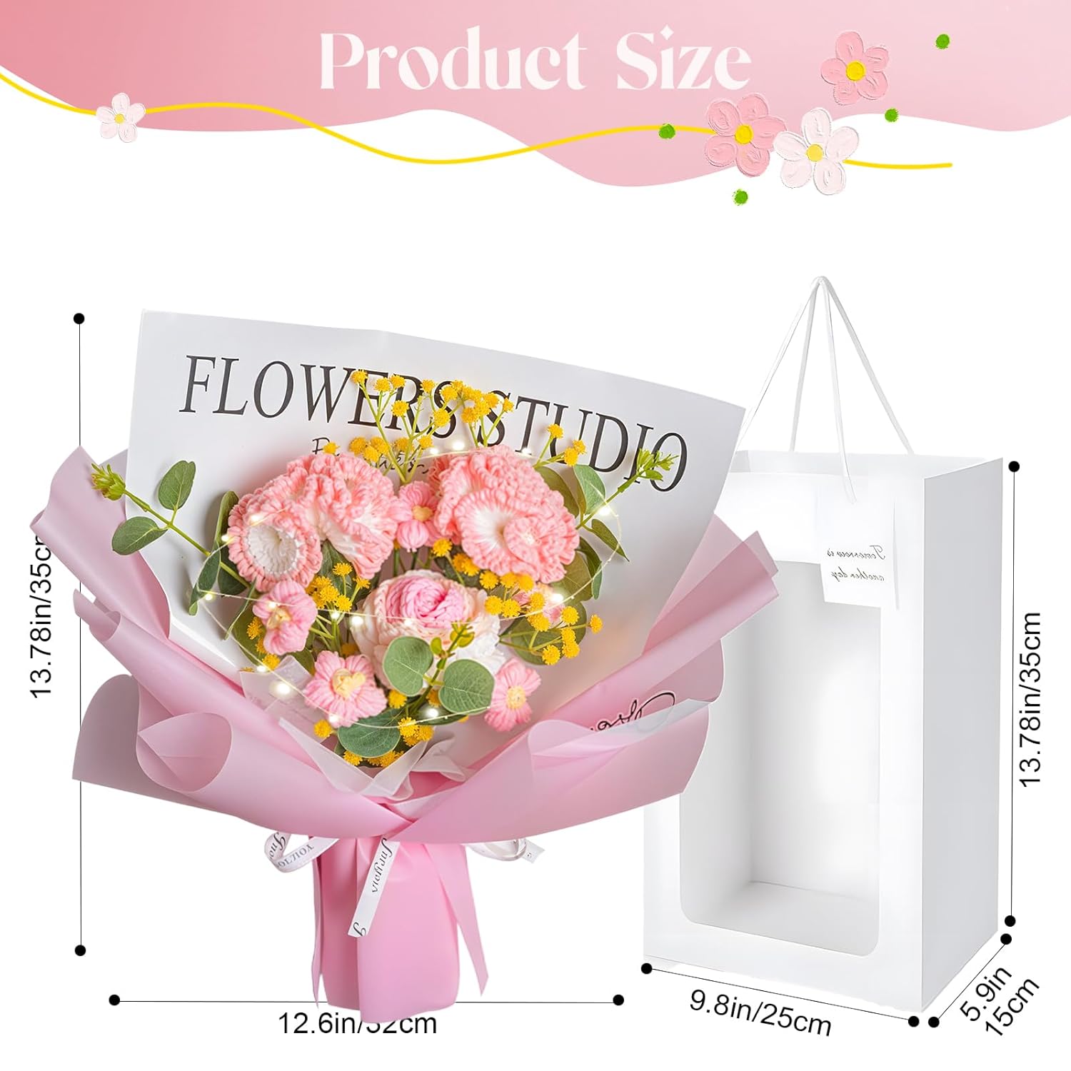 Handmade Crochet Carnation Rose Daisy As A Gift For Mother'S Day, Lover, Friends. Crochet Flowers Bouquet, Knitted Flowers With Led Lights, Artificial Flower Finished Bouquet