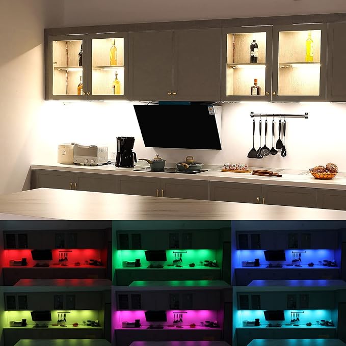 RGB Under Cabinet LED Lighting Kit with Warm White Light Dimmable Linkable LED Light Bars Plug In Setup