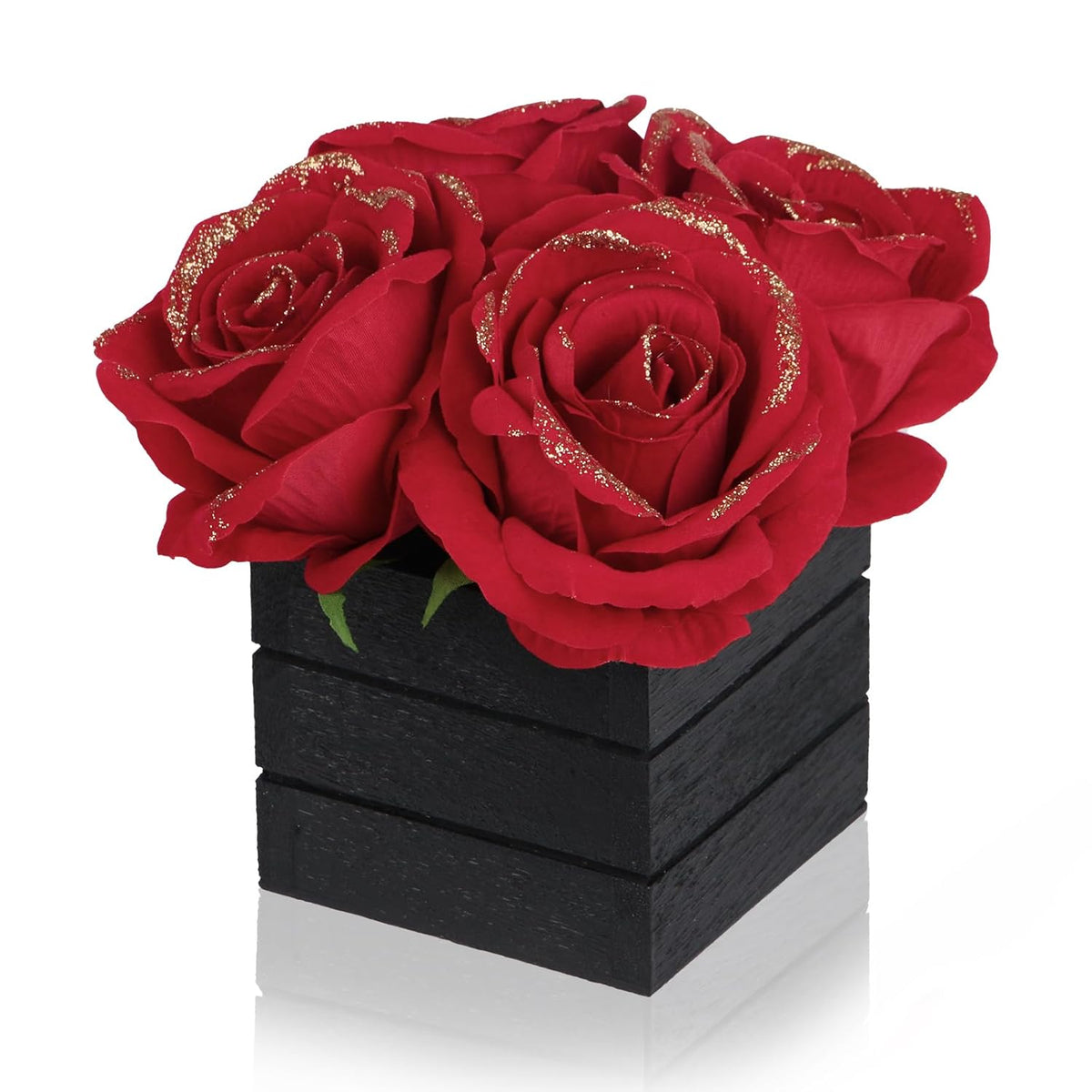 Artificial Red Roses With Wooden Vase Silk Red Glitter Rose In Black Wood Box For Home Decor. Idea For Wife, Him Or Her, Valentines Day Mother'S Day Birthday Love Gifts.