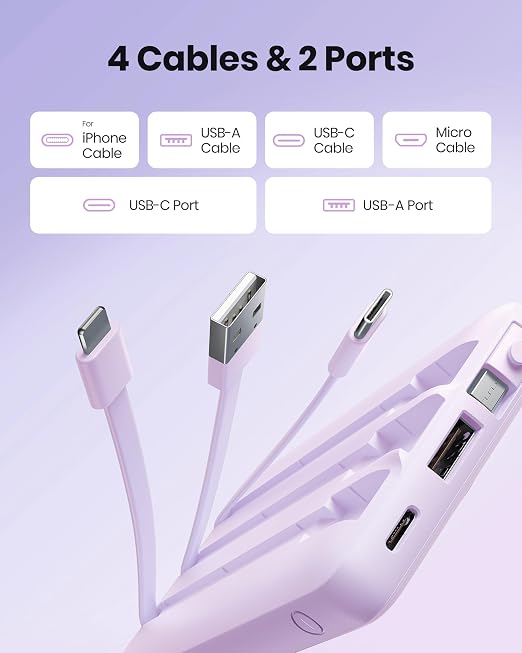 10000mAh Slim USB C Power Bank with Built In Cable 5 Outputs LED Display Portable Charger