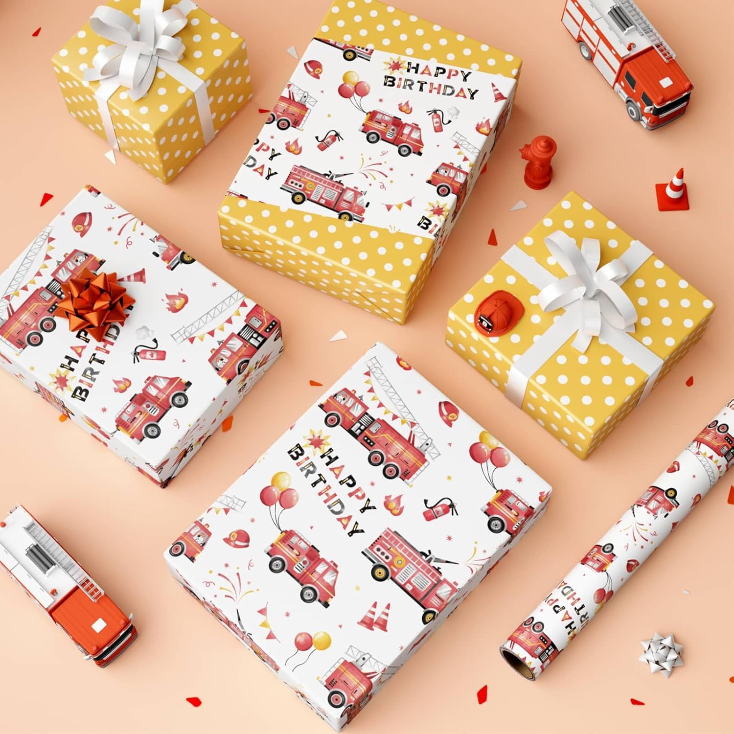 Fire Truck Birthday Wrapping Paper - 1 Roll 17”X 33Ft Truck Cars Gift Wrap Supply Happy Birthday Wrapping Paper For Kids Baby Boy Shower Party Favor