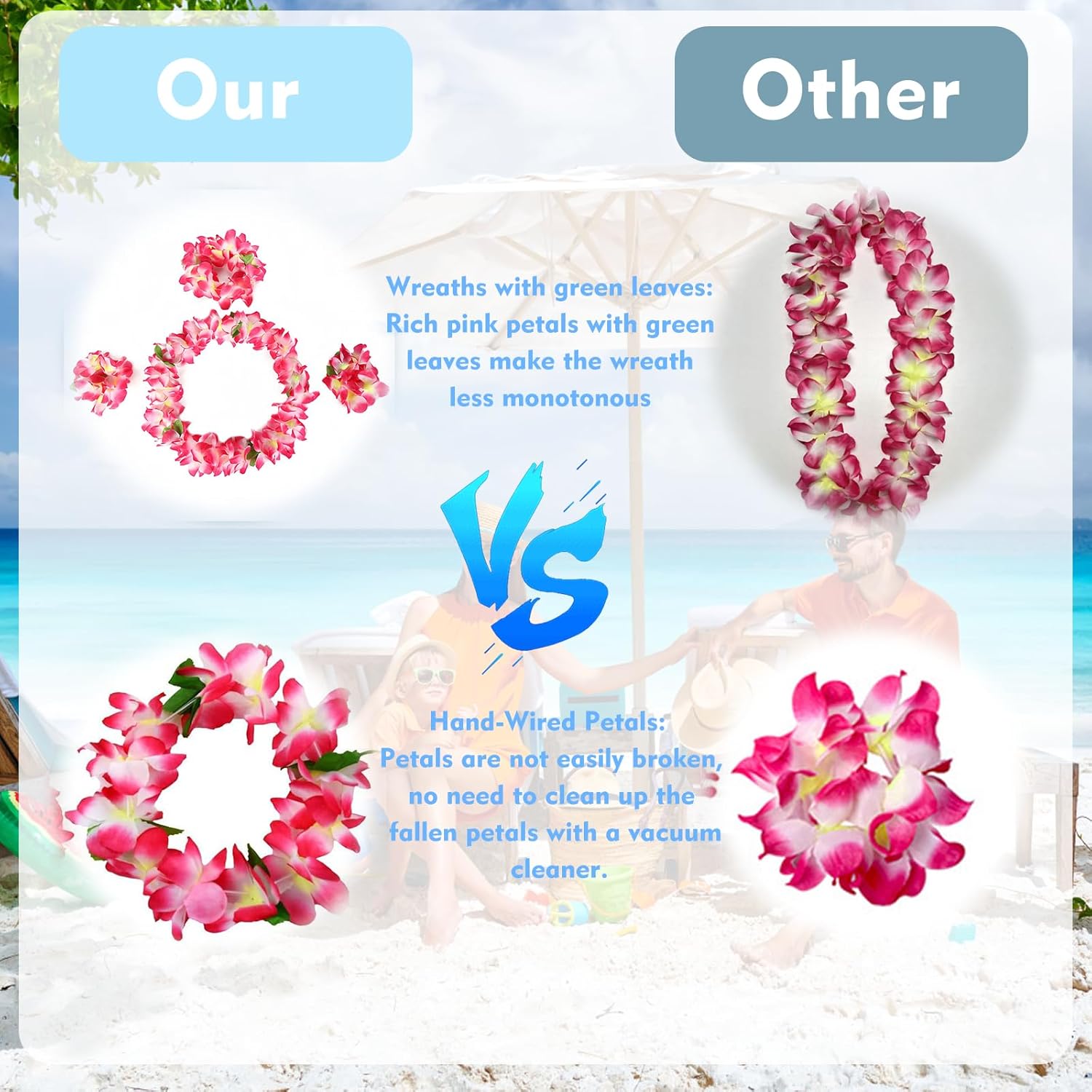 4Pcs Pink Hawaiian Leis With Green Leaves, Leis For Luau Party, Hula Dance Party, Set Of Pink Flower Leis, Photo Prop, Parties, Weddings And Events In Outdoors