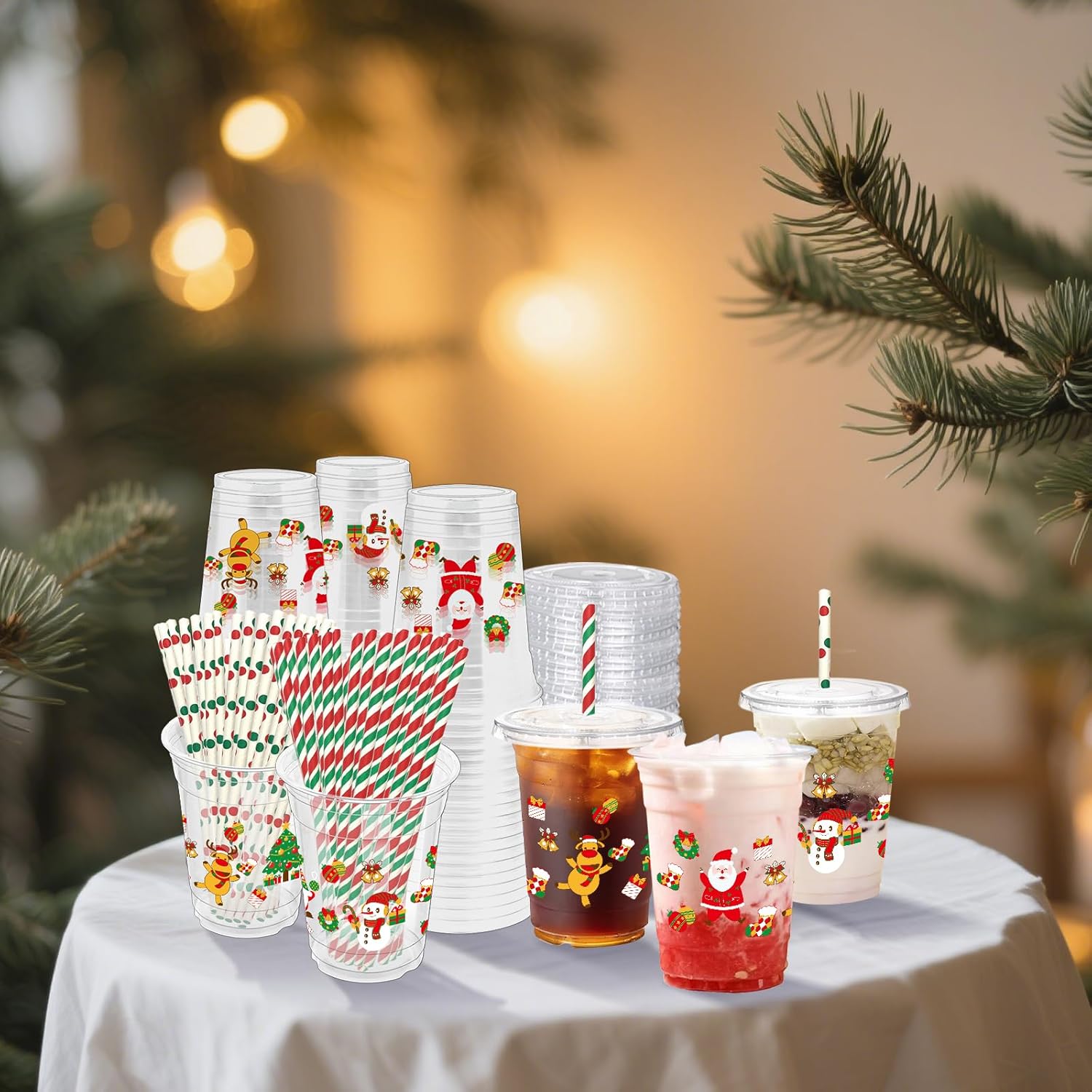 50 Sets Christmas Plastic Party Cups With Straws And Lids,12Oz Disposable Holiday Clear Cups Santa Tree Stocking Printed For Xmas Party, Celebrations, School, Office, Family Gatherings