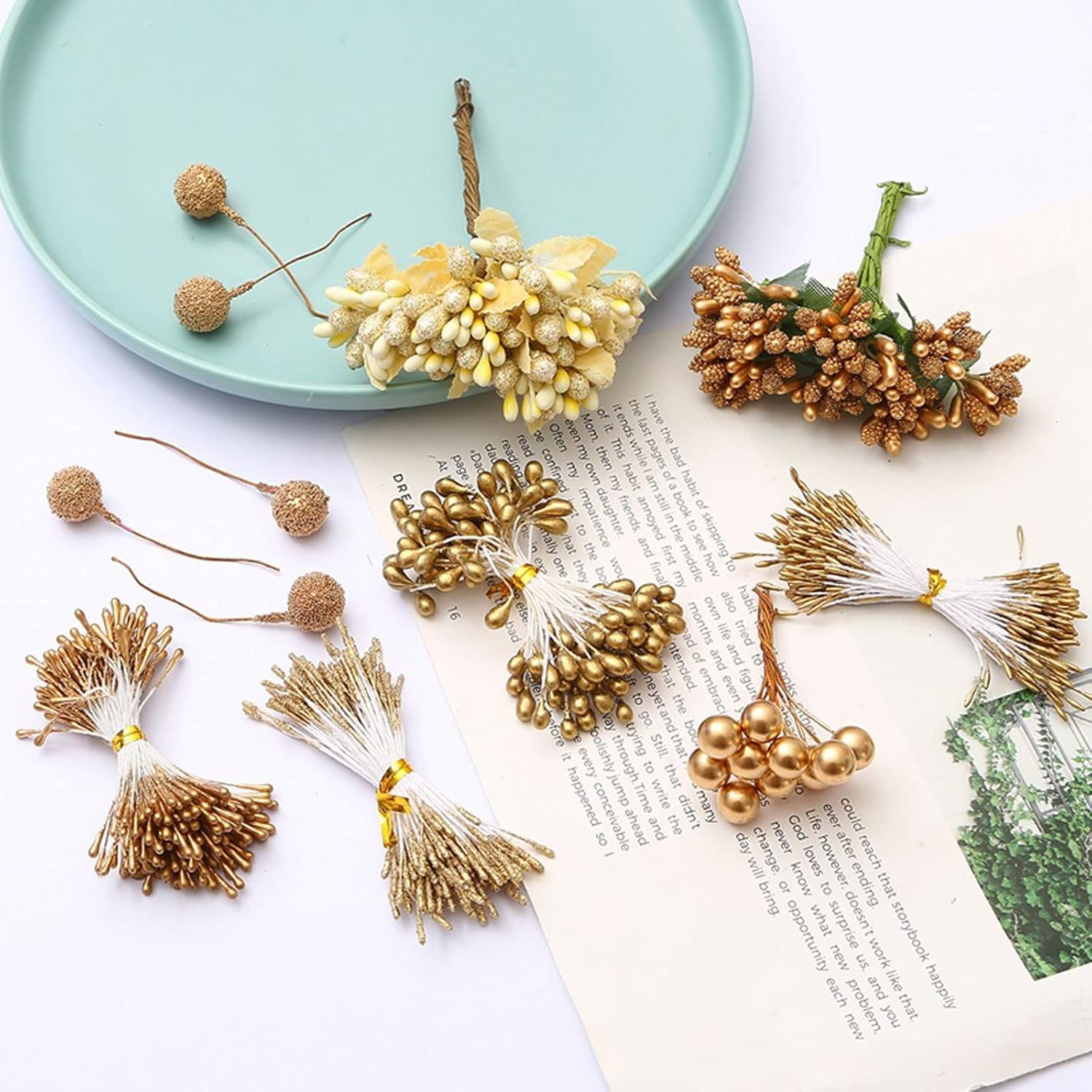 8 Style Flower Stamen Pistil Artificial Gold Flower Stamen Fake Berries Stamen Pistil For Diy Scrapbook Home Decoration (Gold)