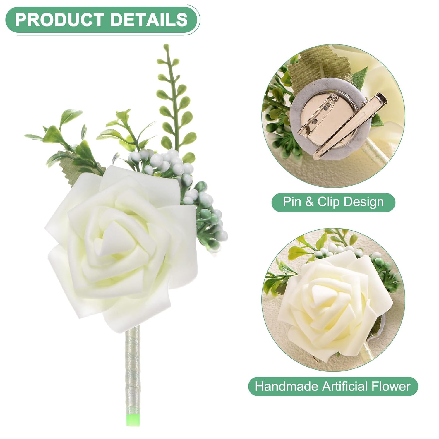 12-Pack Boutonnieres For Men, Artificial Rose Flower Men Boutonnieres With Pin For Wedding/Anniversary/Formal Party, Pocket Boutonnieres For Men [Cream White]