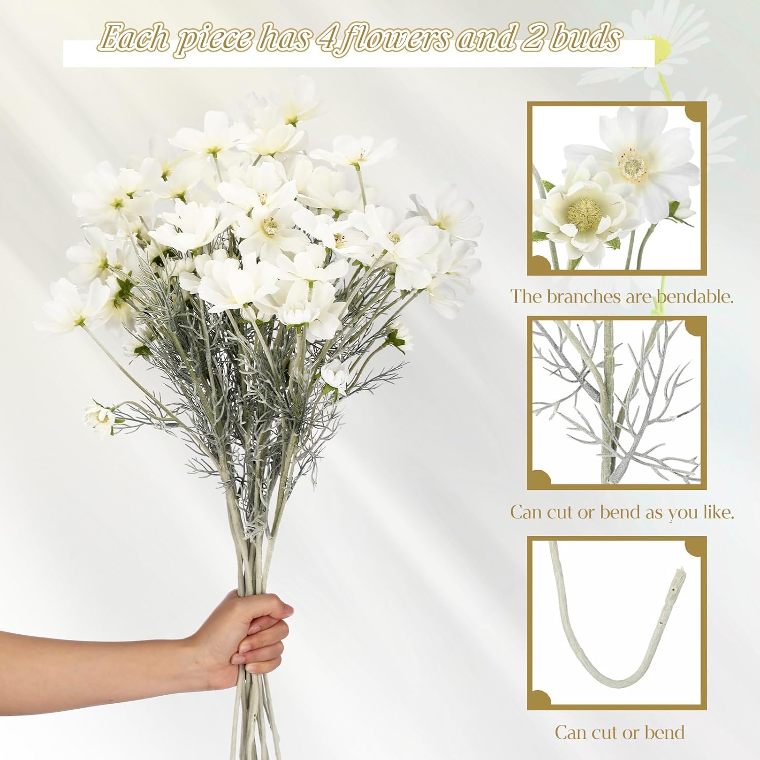 12 Pcs White Cosmos Artificial Flowers 23.6'' Fake Cosmos Wildflowers Silk Calliopsis Flower Arrangements Faux Bouquets Decorations For Wedding Bridal Shower Table Home Garden Party Decor
