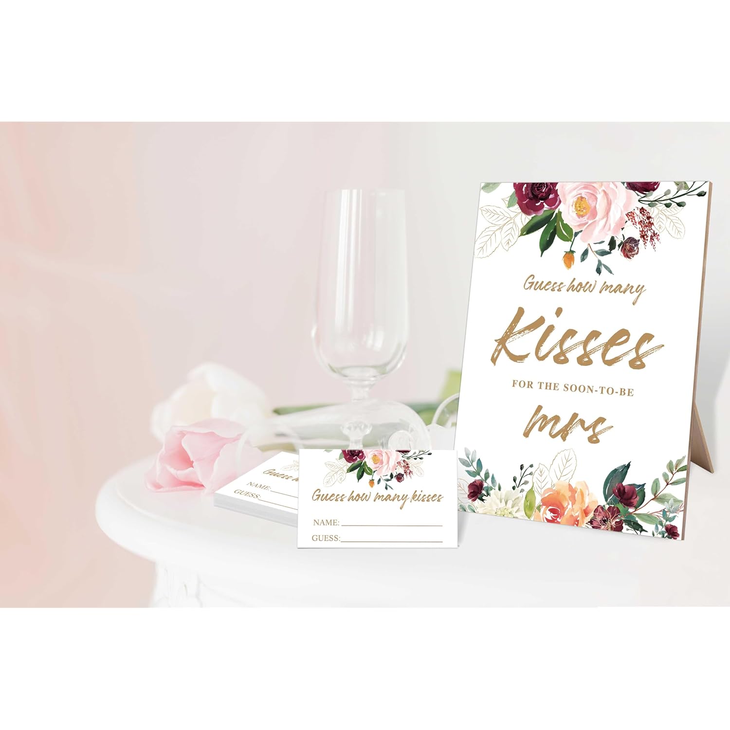 Guess How Many Kisses Bridal Shower Game, 5X8 Burgundy Floral Style Sign & 50 Cards, Wedding Decor, Wedding Shower Games For Bridal Shower, Engagement Party, Bachelorette Party Night, 2