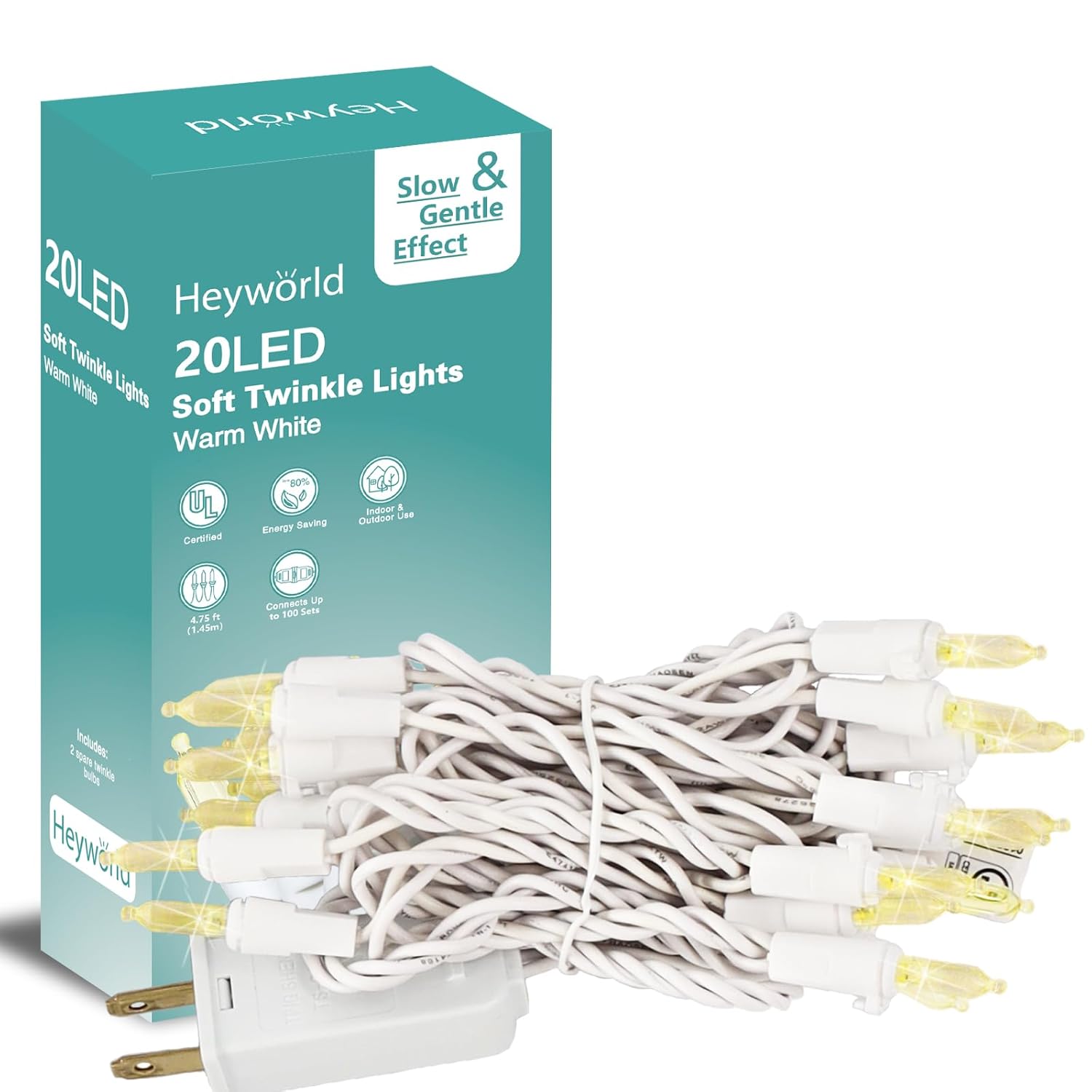 Slow Twinkle Lights, 20 Led Soft Twinkling Mini Christmas String Lights On White Wire Cord, Ul Approved 7 Ft,Connect Up