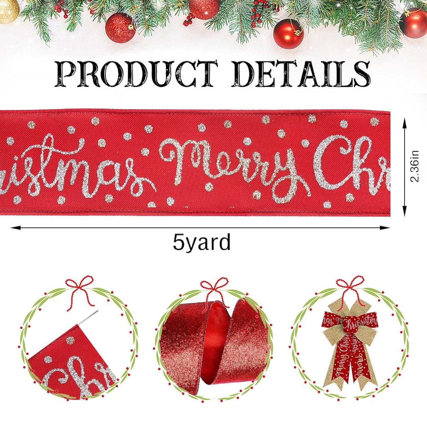 3 Rolls Merry Christmas Wired Edge Ribbons For Wreath Bows Crafting, Xmas Glitter Red Golden Winter Holiday Craft Ribbons For Gift Wrapping, Party Decorations, Ornaments