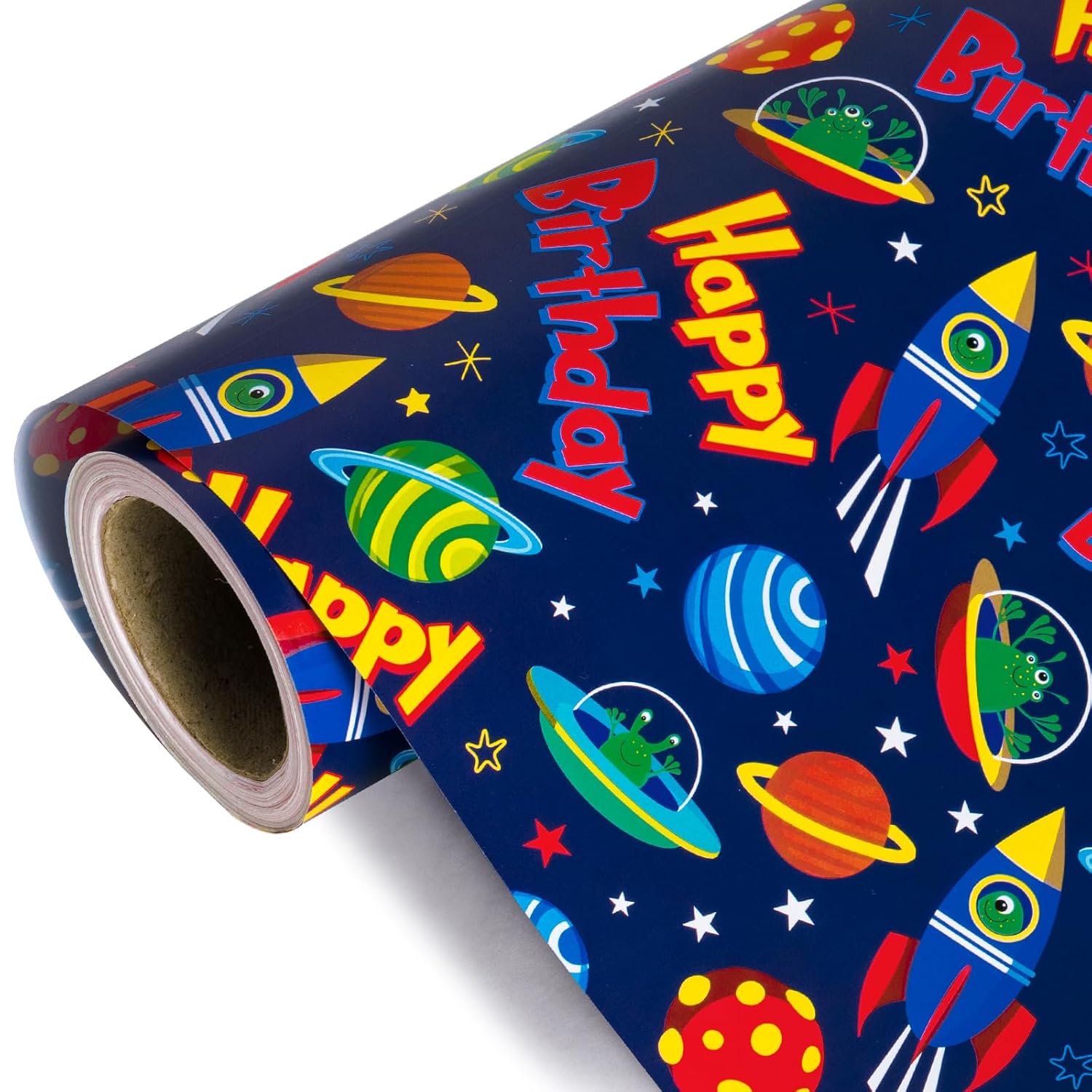 Space Birthday Wrapping Paper Roll - Mini Roll - 17 Inch X 33 Feet - Rocket And Happy Birthday Design, Perfect For Kids Girls Boys Bday, Space Lovers