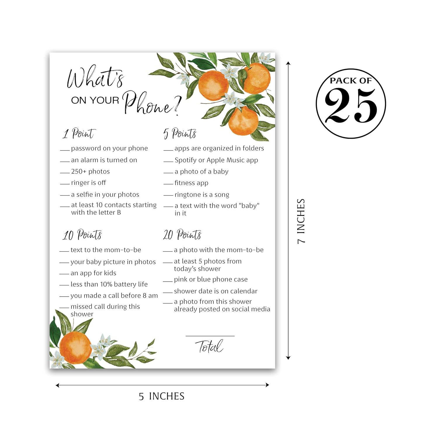 A Little Cutie Theme — What'S On Your Phone Baby Shower Game — Pack Of 25 — Citrus Orange Baby Shower Games, Boho Gender Neutral Cutie Shower Activity, Couples Shower Co-Ed Shower Coed G350-Phn
