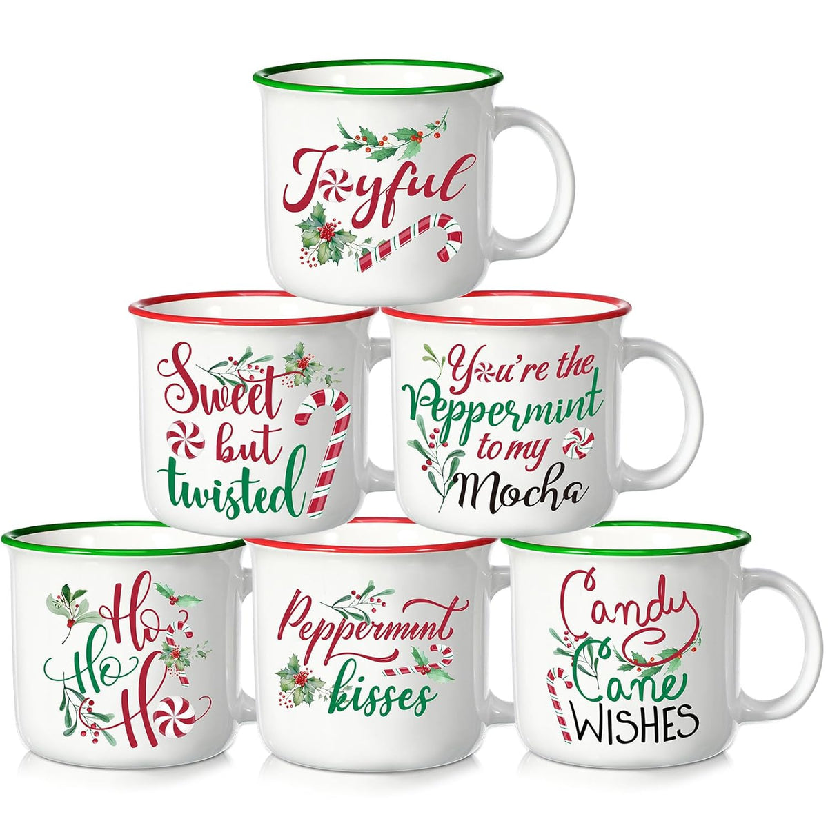 Christmas Coffee Mug Set Of 6, 14Oz Ceramic Mugs With Handle Novelty Red Green Christmas Cups Enamel Xmas Mugs For Winter Party Supplies