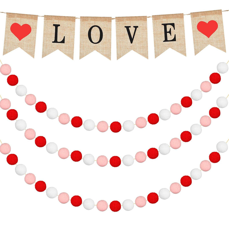 4 Pieces Valentines Day Banner Decoration Love Burlap Banner Felt Ball