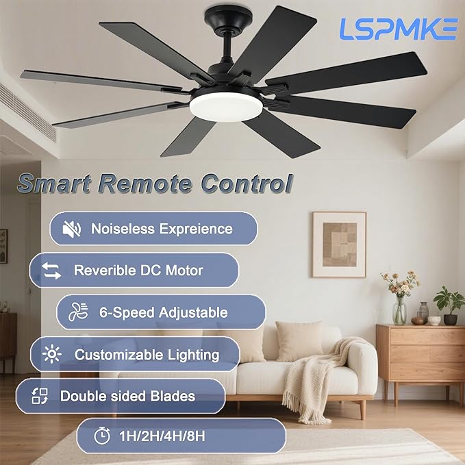 52 Inch Ceiling Fan with Light and Remote Black Dimmable Indoor Outdoor Fan