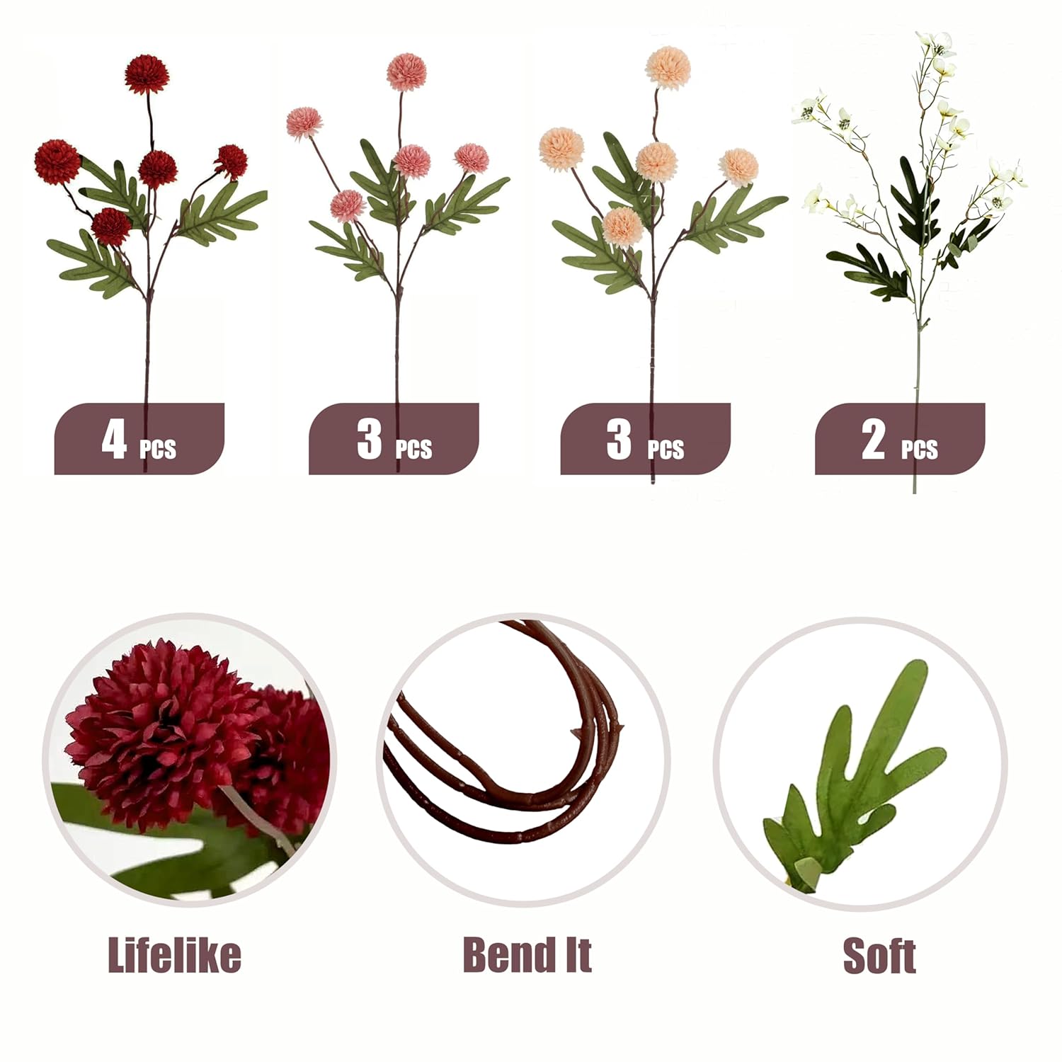 12Pcs Fall Flowers, Burnt Orange Artificial Flowers Kiku 10 Stems With 2 Wax Flowers, Fake Silk Mums For Vase, Autumn Floral Centerpiece Decor