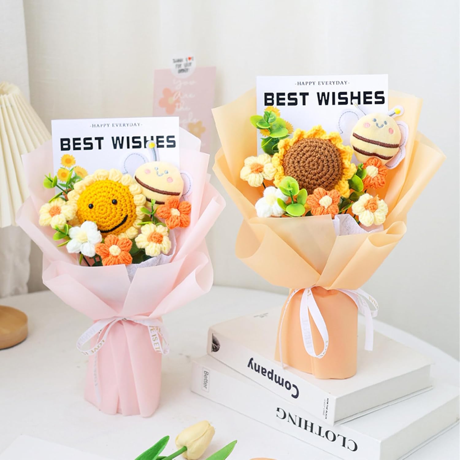 Pink Crochet Sunflower Bouquet, Plush Flower Bouquet-Lovely Bee & Eucalyptus - Knitted Flowers Gift Set With Gift Bag & Card Home Decor, For Her/Father (Sunflower And Bee)