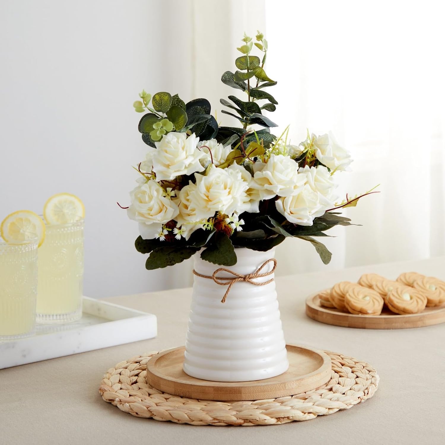 White Ceramic Vase - Centerpieces For Tables - Farmhouse Bathroom Decor - Country Flower Arrangement - 6.3" D X 6.2" W X 12" H, White