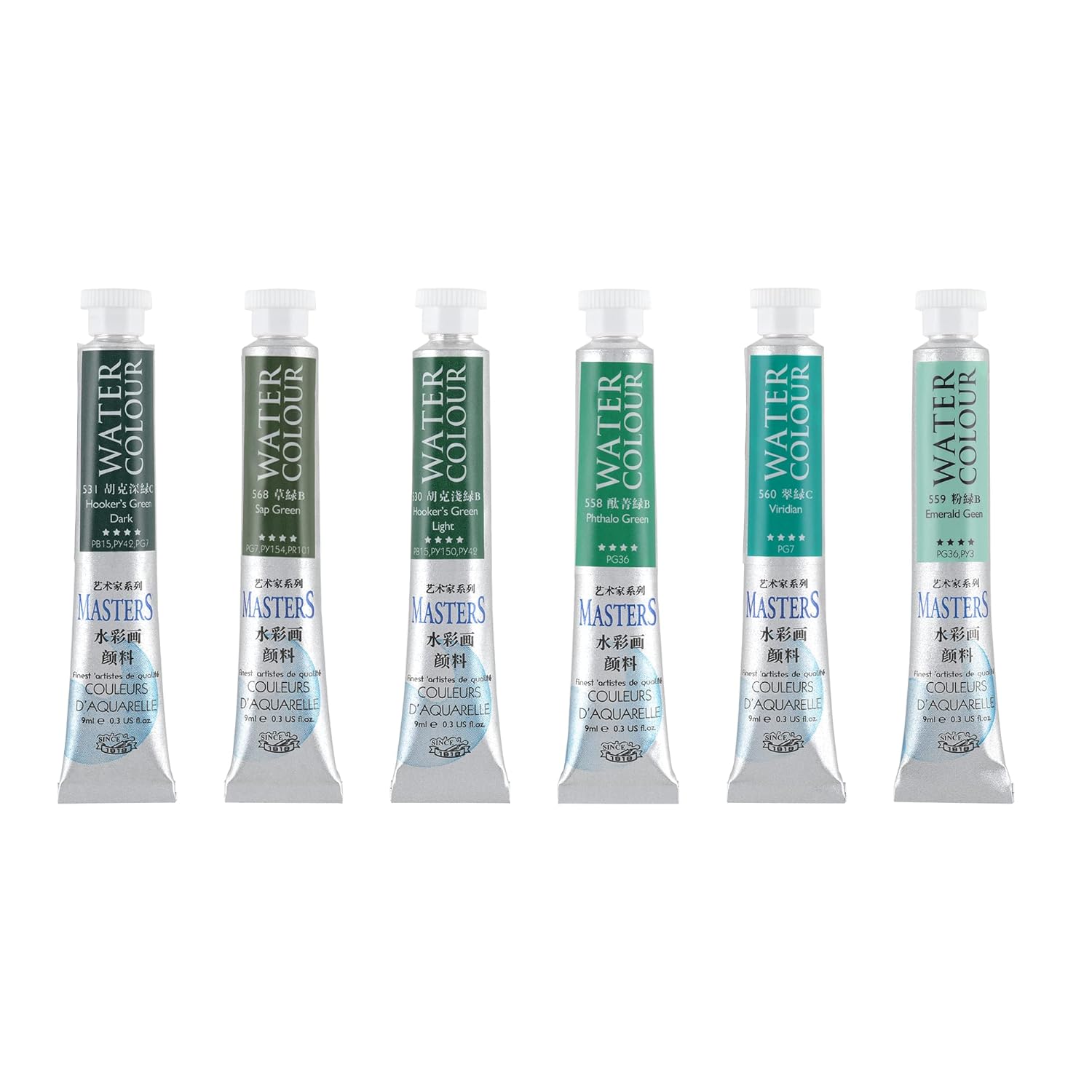 Masters Quality Watercolor Paint - Greens, 9 Ml (Set Of 6) - Concentrated Color, Pure Pigments, High Lightfastness Ratings