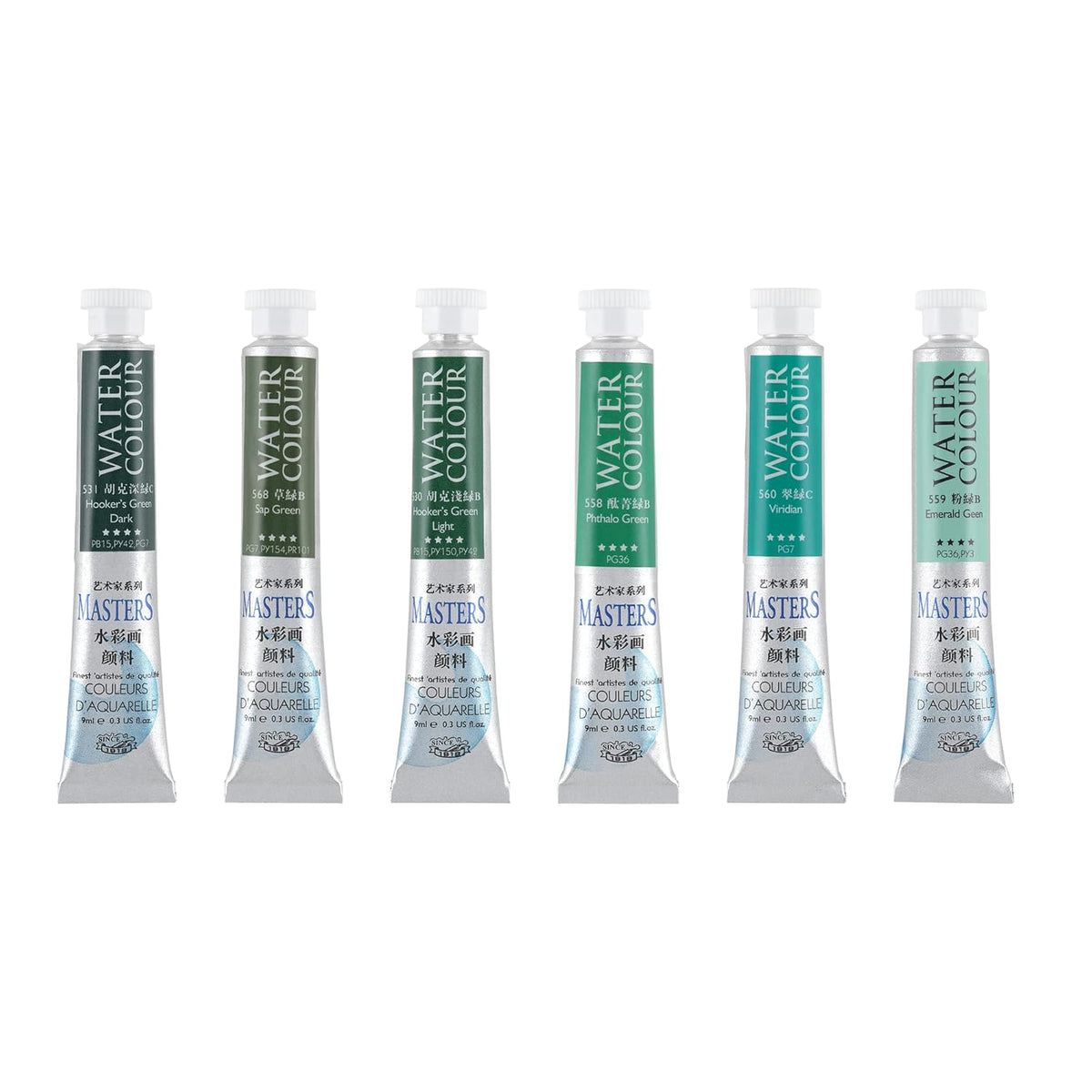 Masters Quality Watercolor Paint - Greens, 9 Ml (Set Of 6) - Concentrated Color, Pure Pigments, High Lightfastness Ratings
