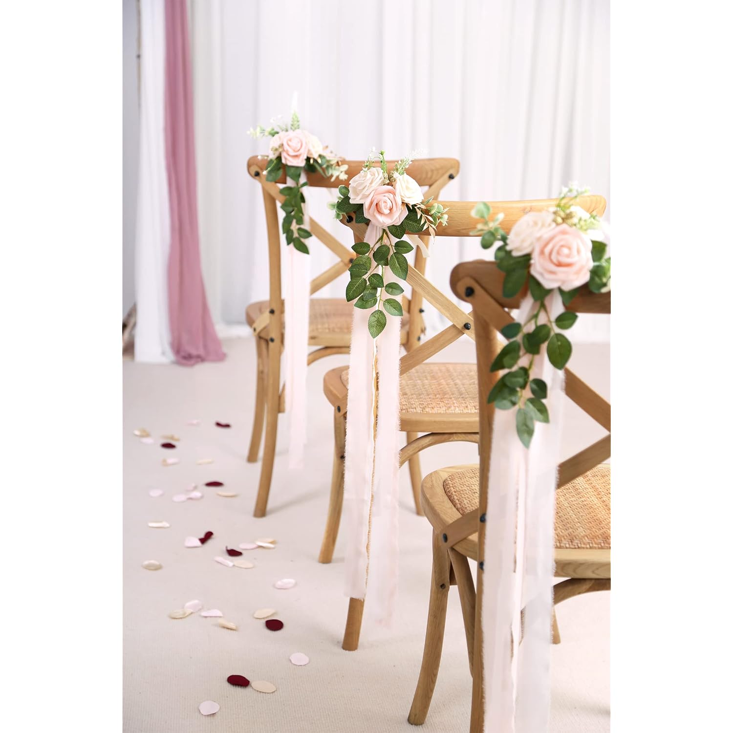 Wedding Aisle Decorations - Set Of 10 Pew Flowers - Artificial Roses & Eucalyptus - Pink & Cream - 5.5" X 13" - Elegant Traditional Modern Style - Chair Flowers