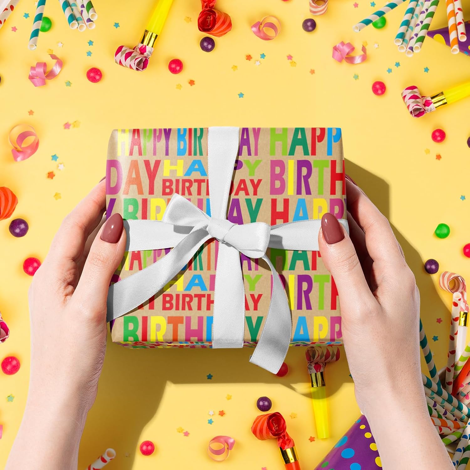Kraft Wrapping Paper Roll - Mini Roll - Colorful Text Happy Birthday Design Great For Birthday, Party, Baby Shower - 17 Inches X 32.8 Feet