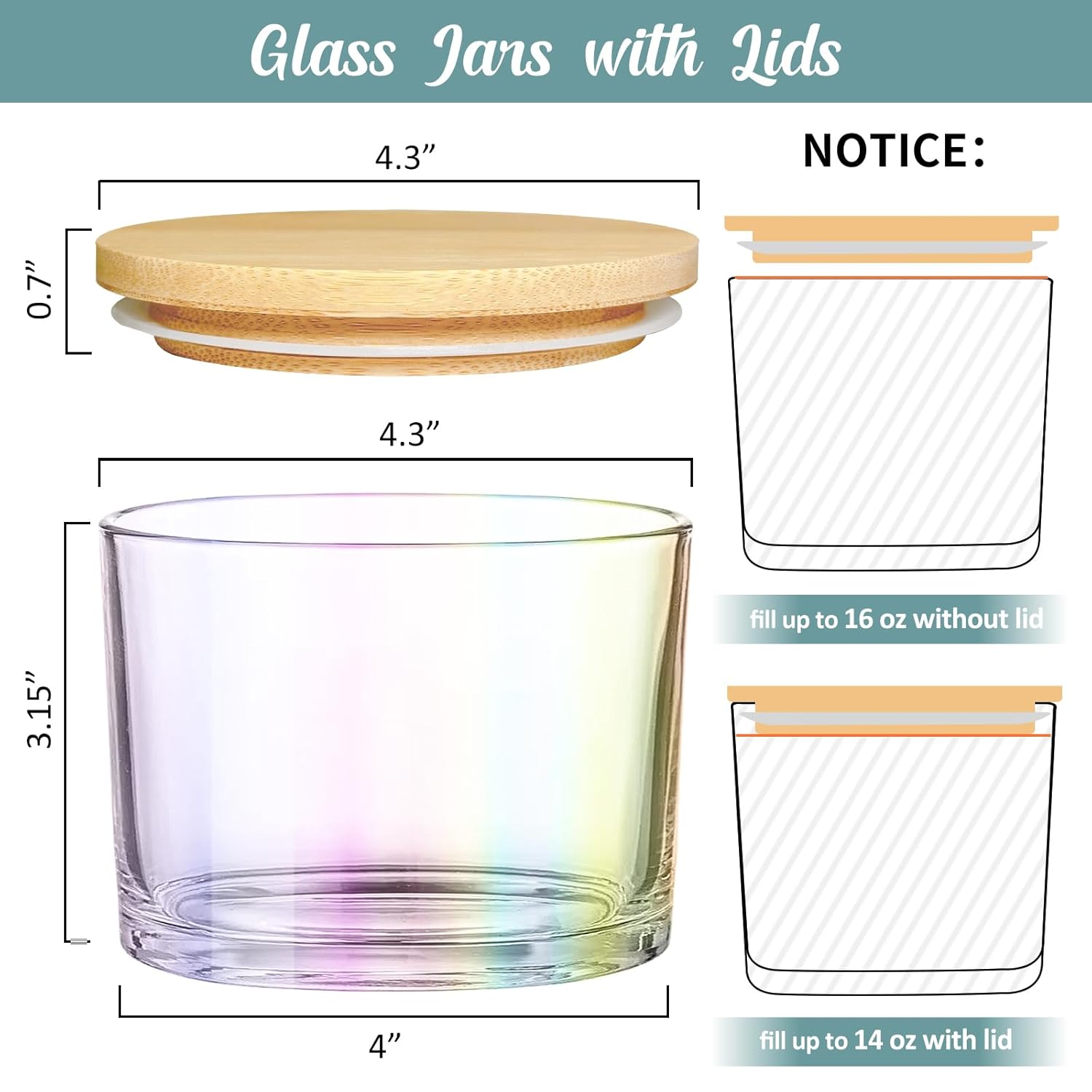 16Oz 3 Wick Candle Jars 6 Pack - Large Empty Iridescent Wide Mouth Glass Candle Making Jars With Bamboo Lids And Stickers And Labels, Bulk Candle Containers For Making Candles