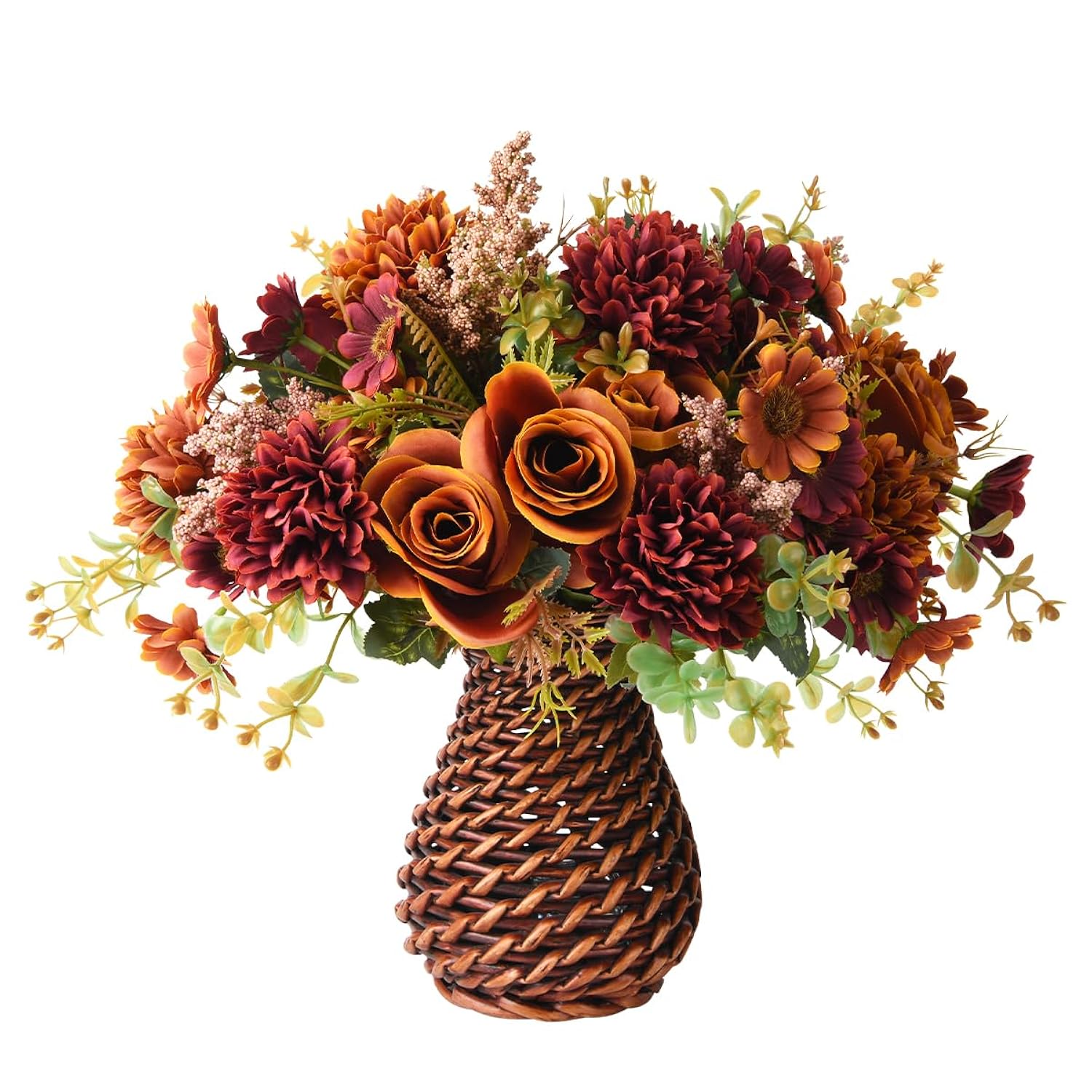 Artificial Faux Flowers In Vase, Fake Silk Floral Arrangements Rose Bouquets With Handmade Rattan Vase, Farmhouse Table Decorations Centerpieces For Dinning Room Kitchen Office Desktop (Brown)