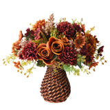 Artificial Faux Flowers In Vase, Fake Silk Floral Arrangements Rose Bouquets With Handmade Rattan Vase, Farmhouse Table Decorations Centerpieces For Dinning Room Kitchen Office Desktop (Brown)