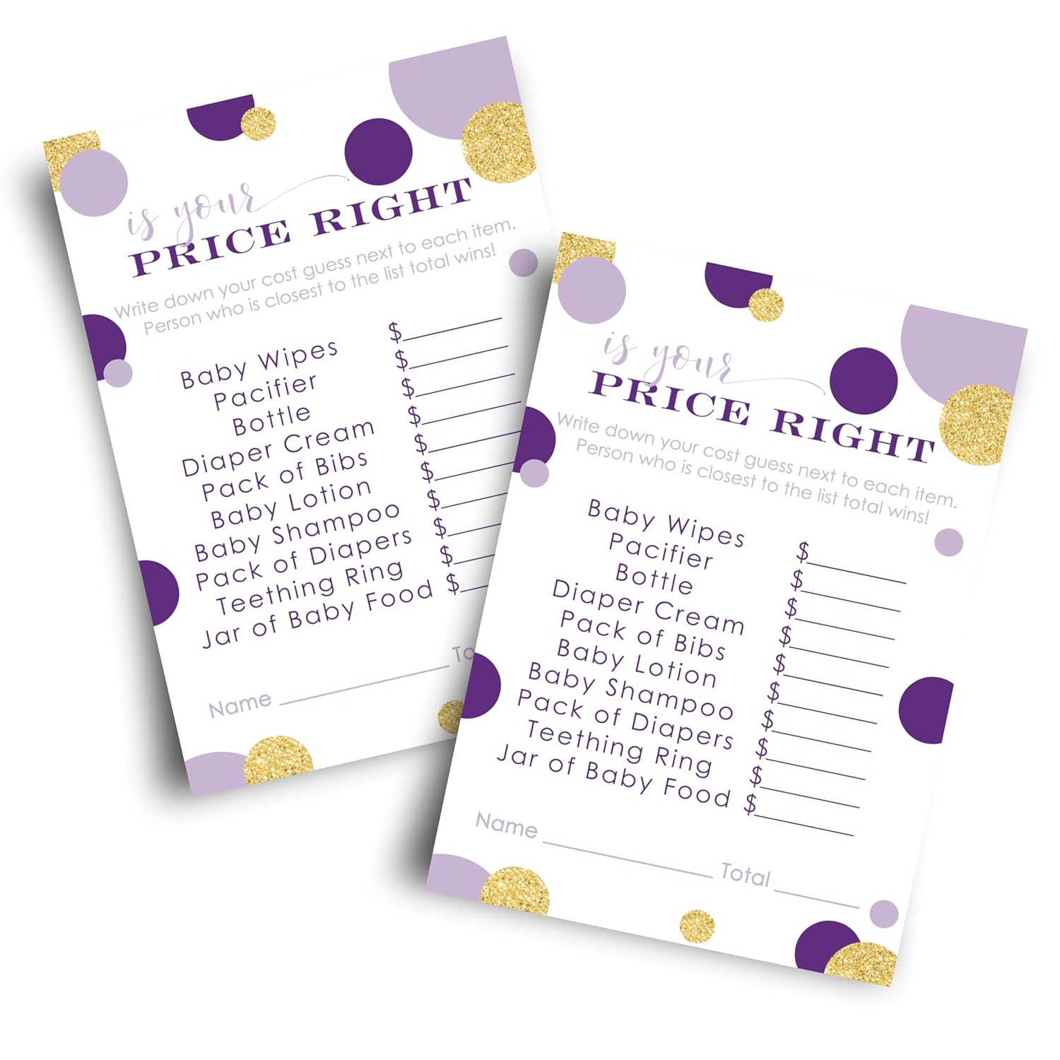 Purple And Gold Baby Shower Games - Guess The Price Is Right - Fun Baby Shower Activities For Guests - 25 Gender Neutral Cards For Prince Or Princess Themes