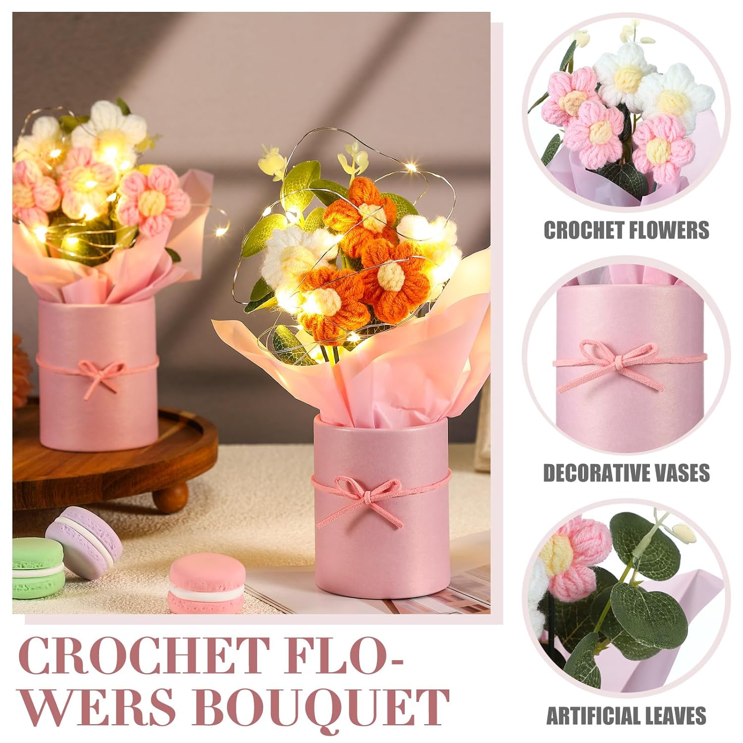 2 Sets Crochet Flowers Bouquet With String Lights, Handmade Knitted Crochet Bouquet Decoration Artificial Versatile Flowers For Mother'S Day Home Decor Party Gift Plants, Pink And Orange