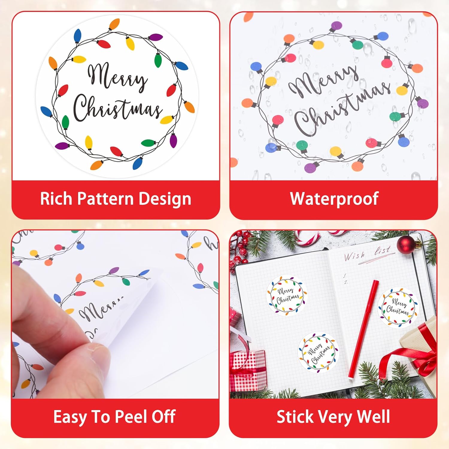 Merry Christmas Gift Stickers,120Pcs 2Inch Christmas Envelope Seal Label Sticker,Self-Adhesive Merry And Bright Stickers,Light Design Xmas Holly And Jolly Sticker,Happy Holiday Sticker For Card