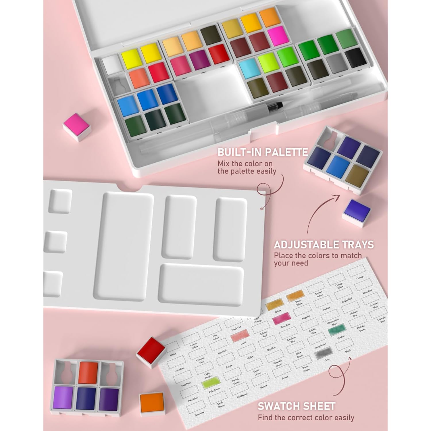 48 Colors Watercolor Paint Set With 8Pcs Painting Brushes, 25 Sheet Water Color Paper, 2 Water Brush Pens, Palette, Sponge, Art Supplies Kit For Artist Adult Kid Beginner With Gift Box