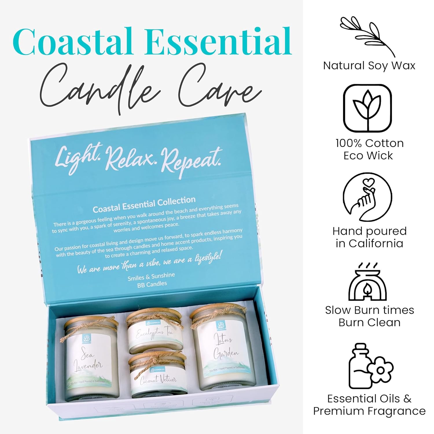 Coastal Essentials Scented Candle Gift Set, Decorative Candles For Home Decor, Long Burning Candles Set - 4 Candles 80 Value(Sea Lavender, Lotus Garden, Eucalyptus Tea, And Coconut Vetiver)